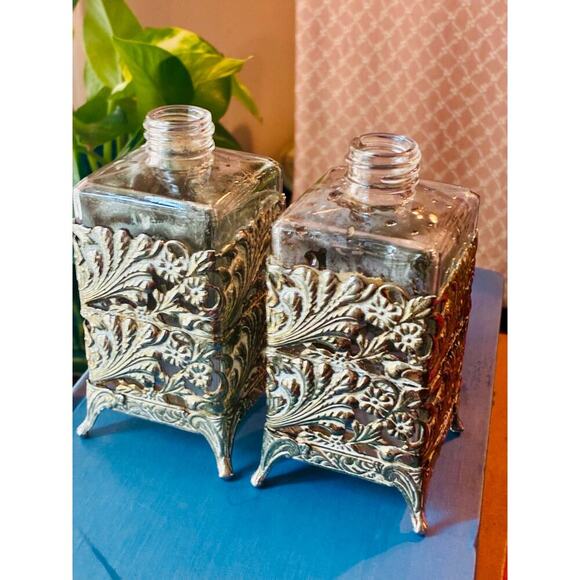 Vintage Glass Bottles 4.5” Tall in Silver Ornate Stands – Pair - Picture 1 of 3